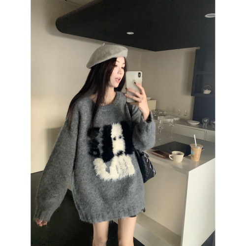 韓系慵懶風加厚秋冬毛衣女2024新款高級感灰色寬松套頭針織衫上衣