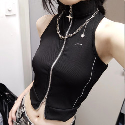 美式甜酷穿搭套裝女白色立領休閒棒球服外套+雙開拉鍊吊帶背心