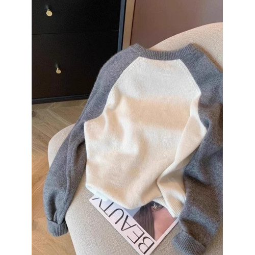 軟糯慵懶撞色刺綉毛衣女秋冬加厚韓系插肩袖顯瘦打底針織衫上衣潮