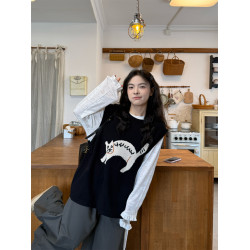 PPHOME卡通小貓提花馬甲針織背心長袖T恤女秋季寬松濶腿褲三件套