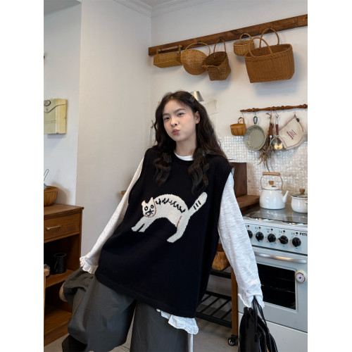 PPHOME卡通小貓提花馬甲針織背心長袖T恤女秋季寬松濶腿褲三件套