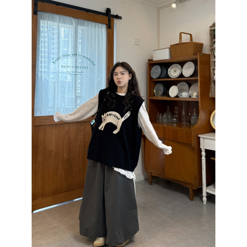PPHOME卡通小貓提花馬甲針織背心長袖T恤女秋季寬松濶腿褲三件套