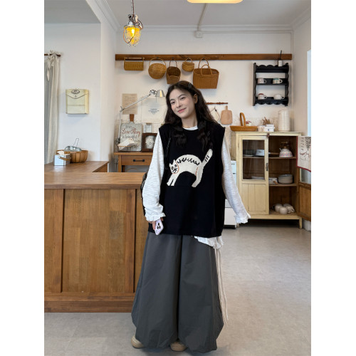 PPHOME卡通小貓提花馬甲針織背心長袖T恤女秋季寬松濶腿褲三件套