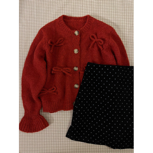 過新年穿搭紅色蝴蝶結毛衣女秋冬季2025新款內搭針織開衫上衣短款 過新年穿搭紅色蝴蝶結毛衣女秋冬季2025新款內搭針織開衫上衣短款