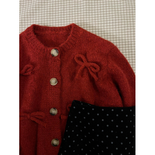 過新年穿搭紅色蝴蝶結毛衣女秋冬季2025新款內搭針織開衫上衣短款 過新年穿搭紅色蝴蝶結毛衣女秋冬季2025新款內搭針織開衫上衣短款