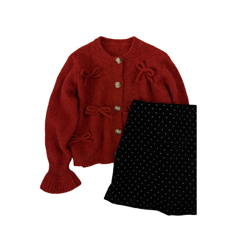 過新年穿搭紅色蝴蝶結毛衣女秋冬季2025新款內搭針織開衫上衣短款 過新年穿搭紅色蝴蝶結毛衣女秋冬季2025新款內搭針織開衫上衣短款