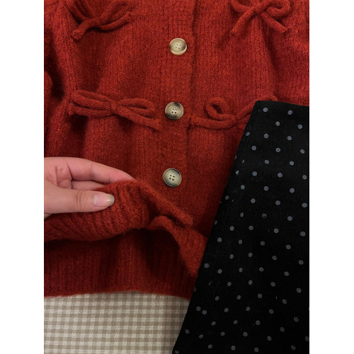 過新年穿搭紅色蝴蝶結毛衣女秋冬季2025新款內搭針織開衫上衣短款 過新年穿搭紅色蝴蝶結毛衣女秋冬季2025新款內搭針織開衫上衣短款