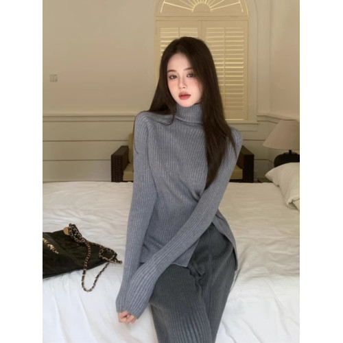 辣妹半高領長袖針織衫女秋冬設計感小衆開叉不規則打底衫內搭洋氣