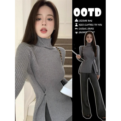 辣妹半高領長袖針織衫女秋冬設計感小衆開叉不規則打底衫內搭洋氣