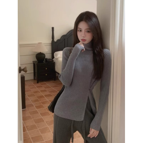 辣妹半高領長袖針織衫女秋冬設計感小衆開叉不規則打底衫內搭洋氣