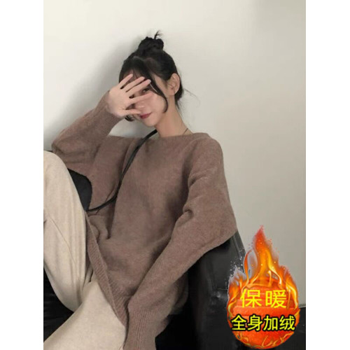 浣熊絨毛衣女加絨加厚秋冬季新款圓領針織衫慵懶寬松套頭內搭上衣