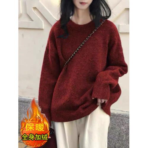 浣熊絨毛衣女加絨加厚秋冬季新款圓領針織衫慵懶寬松套頭內搭上衣