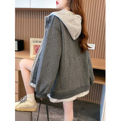 春秋薄款假兩件重工連帽外套女胖mm大碼200斤洋氣百搭開衫衛衣潮