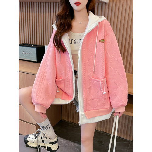 春秋薄款假兩件重工連帽外套女胖mm大碼200斤洋氣百搭開衫衛衣潮