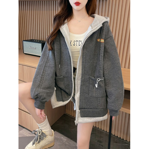 春秋薄款假兩件重工連帽外套女胖mm大碼200斤洋氣百搭開衫衛衣潮