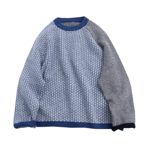 2025年新款秋冬個性撞色拼接套頭圓領毛衫百搭慵懶風女寬松毛衣