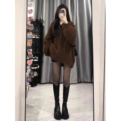 大碼胖MM美拉德氣質高級感咖色針織毛衣女秋冬新款軟糯慵懶風寬松