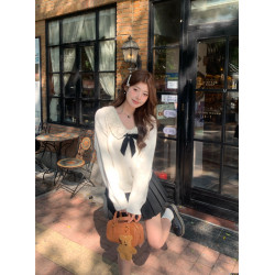 PPHOME溫柔蝴蝶結鏤空娃娃領針織衫女秋季軟糯寬松白色毛衣打底衫