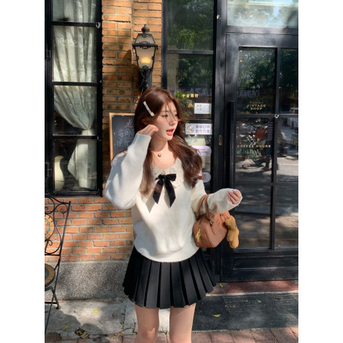 PPHOME溫柔蝴蝶結鏤空娃娃領針織衫女秋季軟糯寬松白色毛衣打底衫