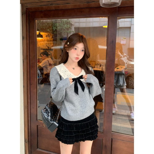 PPHOME溫柔蝴蝶結鏤空娃娃領針織衫女秋季軟糯寬松白色毛衣打底衫