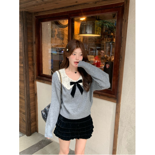 PPHOME溫柔蝴蝶結鏤空娃娃領針織衫女秋季軟糯寬松白色毛衣打底衫