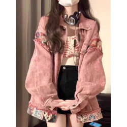 大碼美式復古拼接牛仔外套女春秋設計感小衆休閒百搭工裝夾克上衣