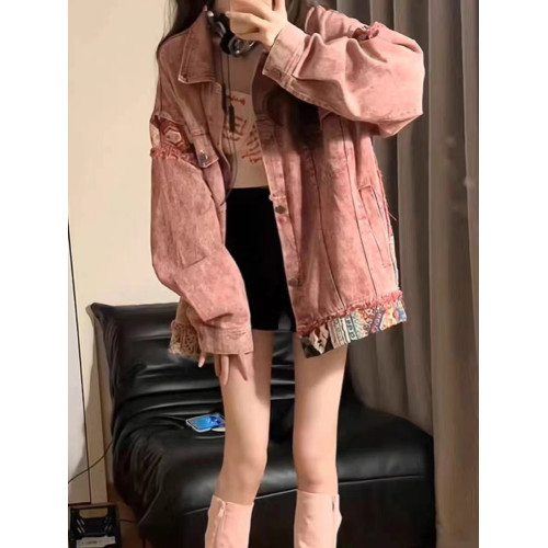 大碼美式復古拼接牛仔外套女春秋設計感小衆休閒百搭工裝夾克上衣 大碼美式復古拼接牛仔外套女春秋設計感小衆休閒百搭工裝夾克上衣