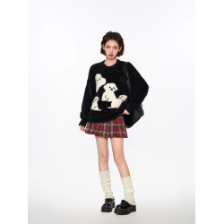 黑色小狗水貂絨套頭針織毛衣女秋冬冬季加厚慵懶風軟糯馬海毛上衣