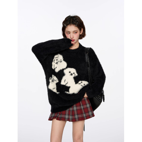 黑色小狗水貂絨套頭針織毛衣女秋冬冬季加厚慵懶風軟糯馬海毛上衣