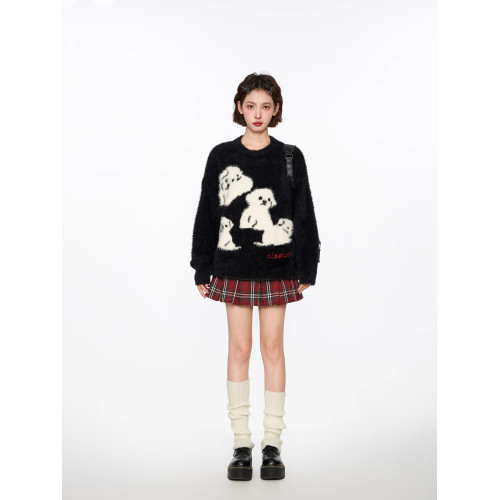 黑色小狗水貂絨套頭針織毛衣女秋冬冬季加厚慵懶風軟糯馬海毛上衣