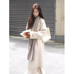 韓系燕麥色羽絨服內膽毛呢外套女秋冬季中長款小個子寬松呢子大衣