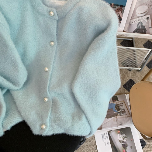 kor-anya薄荷綠仿水貂絨針織開衫上衣女秋冬溫柔慵懶軟糯毛衣外套