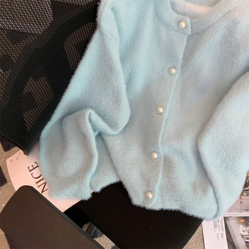 kor-anya薄荷綠仿水貂絨針織開衫上衣女秋冬溫柔慵懶軟糯毛衣外套