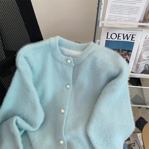 kor-anya薄荷綠仿水貂絨針織開衫上衣女秋冬溫柔慵懶軟糯毛衣外套