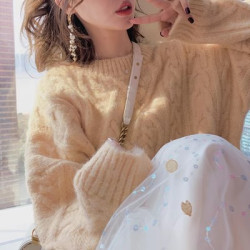 日系溫柔風鵞黃色軟糯針織衫女秋冬中長款圓領寬松外穿馬海毛毛衣