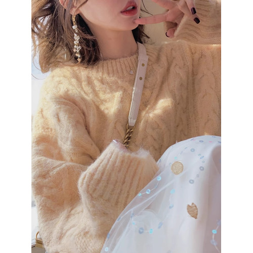 日系溫柔風鵞黃色軟糯針織衫女秋冬中長款圓領寬松外穿馬海毛毛衣