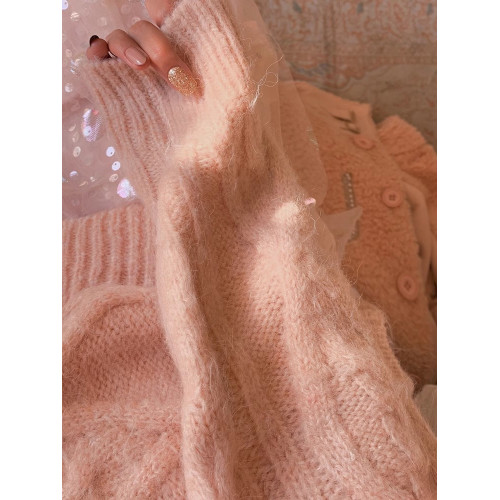 日系溫柔風鵞黃色軟糯針織衫女秋冬中長款圓領寬松外穿馬海毛毛衣