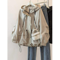 韓版休閒抽繩工裝外套女2025春新款大碼胖mm顯瘦連帽中長款沖鋒衣