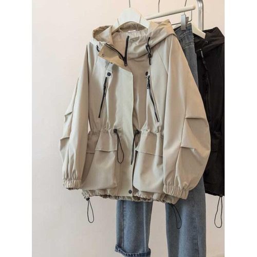 韓版休閒抽繩工裝外套女2025春新款大碼胖mm顯瘦連帽中長款沖鋒衣