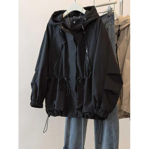 韓版休閒抽繩工裝外套女2025春新款大碼胖mm顯瘦連帽中長款沖鋒衣