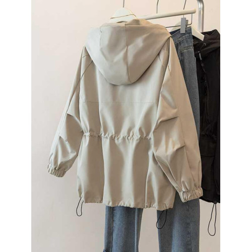 韓版休閒抽繩工裝外套女2025春新款大碼胖mm顯瘦連帽中長款沖鋒衣