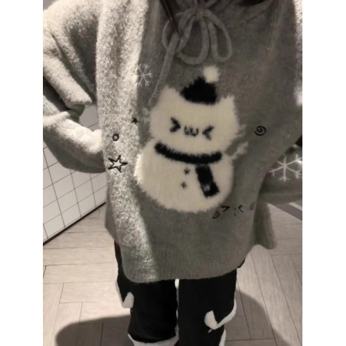 聖誕氛圍感甜美可愛卡通雪人連帽毛衣女秋冬軟糯高級感針織衫上衣