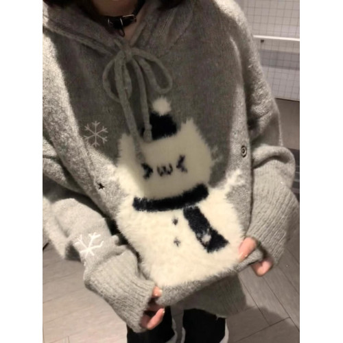 聖誕氛圍感甜美可愛卡通雪人連帽毛衣女秋冬軟糯高級感針織衫上衣