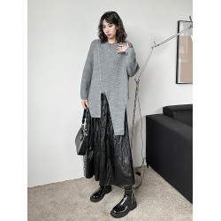 毛衣女2025春秋季新款港風圓領純色開叉時尚個性寬松顯瘦百搭上衣