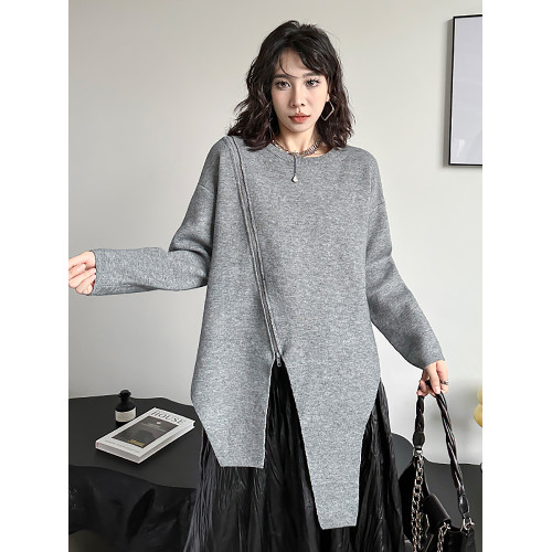 毛衣女2025春秋季新款港風圓領純色開叉時尚個性寬松顯瘦百搭上衣