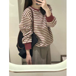 高級感紅色條紋毛衣女2025早秋新款休閒秋冬內搭針織打底衫上衣潮