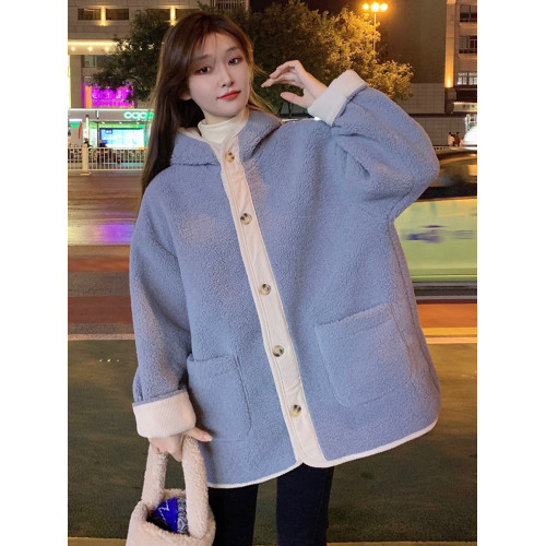 大碼女裝2025冬季新款胖mm韓版寬松顯瘦連帽加厚仿羊羔毛棉衣外套