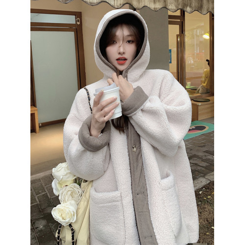 大碼女裝2025冬季新款胖mm韓版寬松顯瘦連帽加厚仿羊羔毛棉衣外套