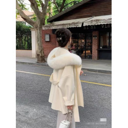 月光初雪雙面毛呢外套女2025新款小個子狐狸毛重磅大毛領羊絨大衣