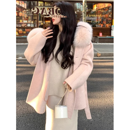 月光初雪雙面毛呢外套女2025新款小個子狐狸毛重磅大毛領羊絨大衣